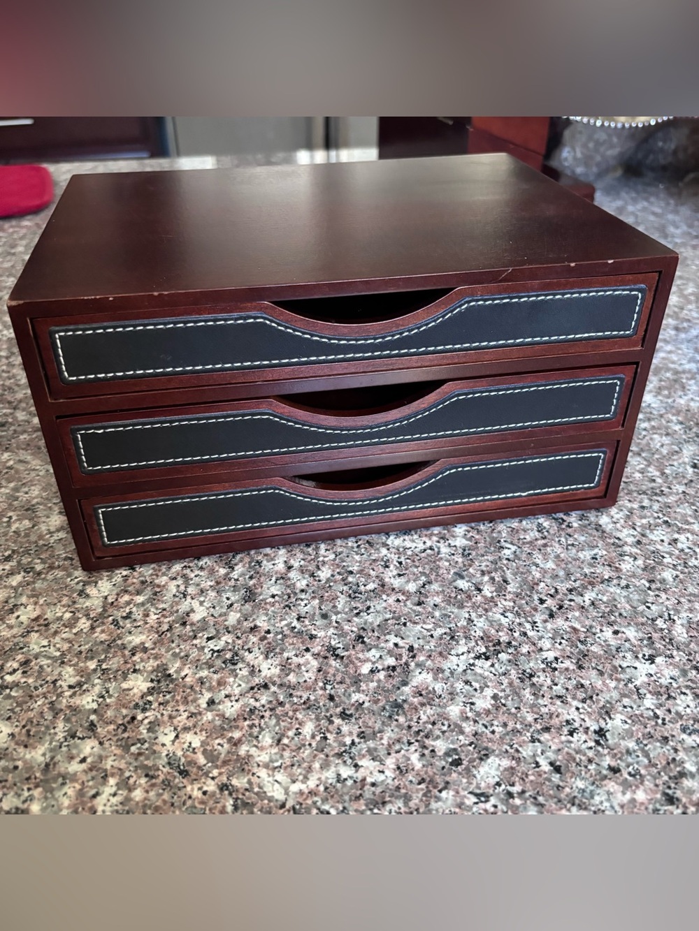 Vintage Levenger Wooden Desktop Organizer 3 Drawers Stitched Leather
